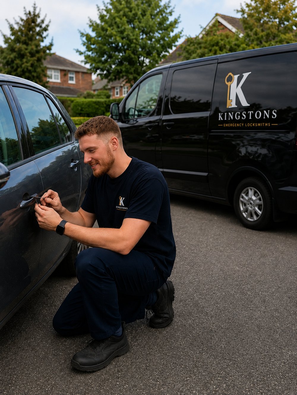 Kingston's Locksmiths locksmith carrying out a car lockout using non-destructive entry tools, with the branded van behind